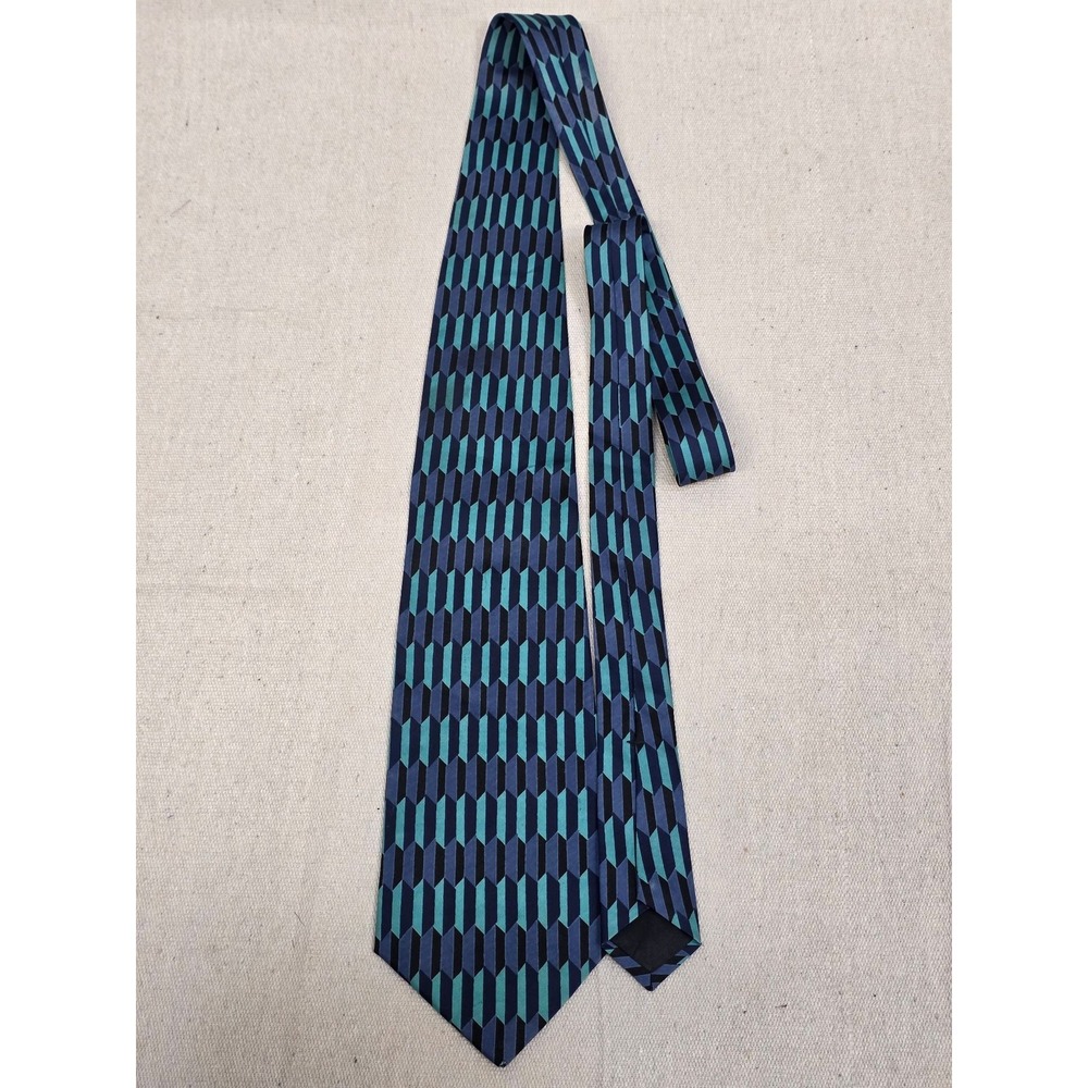 Bachrach Mens Silk Necktie Teal Navy Blue Black Geometric Chevron Pattern‎ Tie